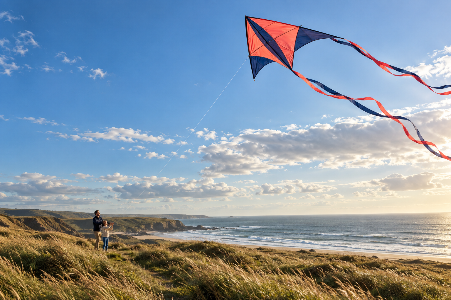 A parent and child flying a colorful kite by the coast